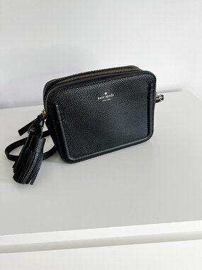 Kate Spade Black Pebbled Leather Tassel Crossbody Camera Bag